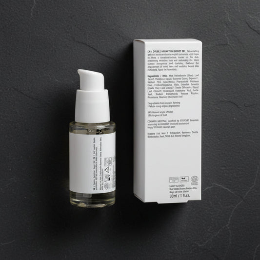Skincare serum bottle with pump and box on a white background