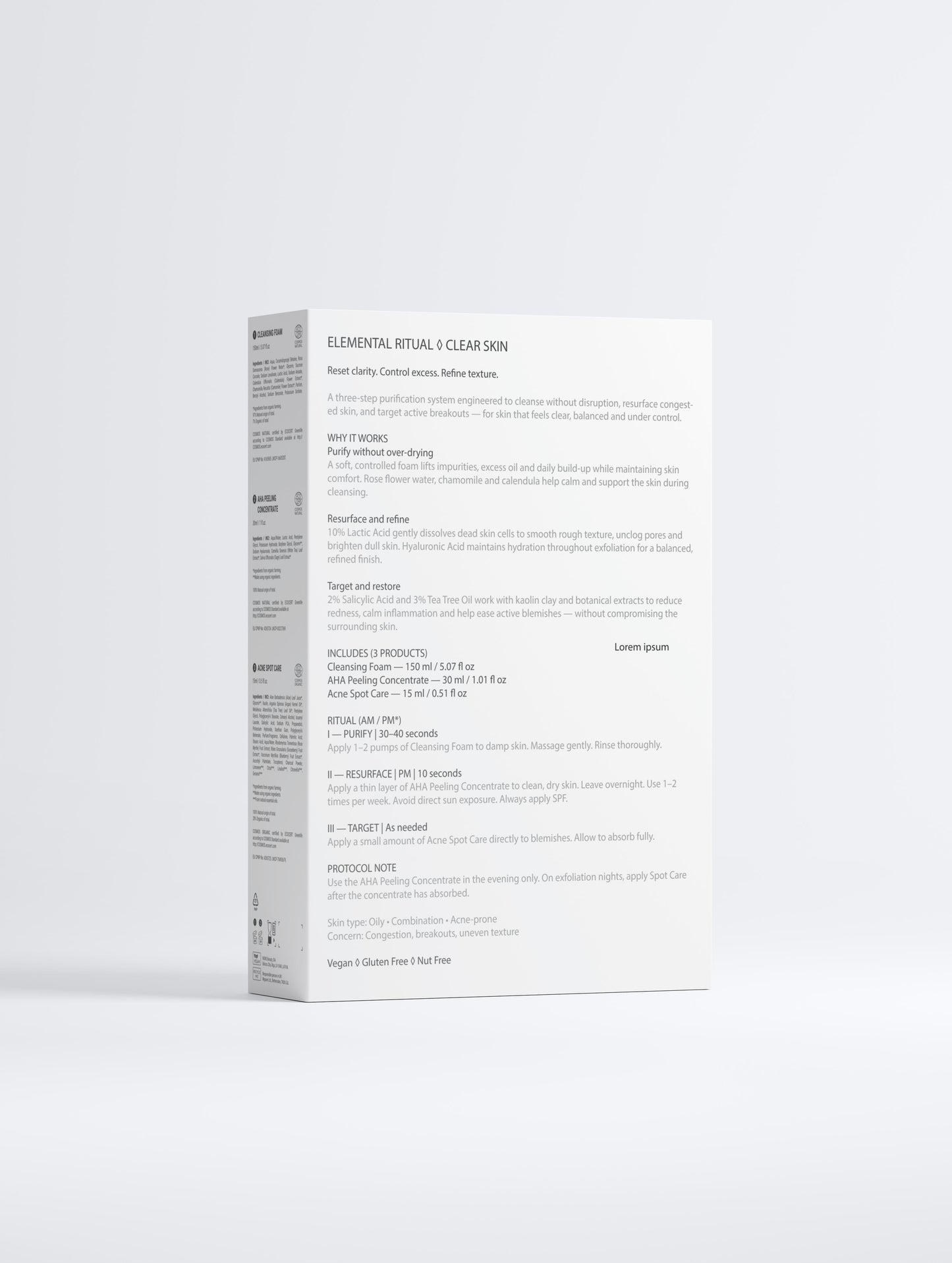 Elemental Ritual Clear Skin contents — Clarifying Gel Cleanser, Acne Spot Care, AHA Peeling Concentrate