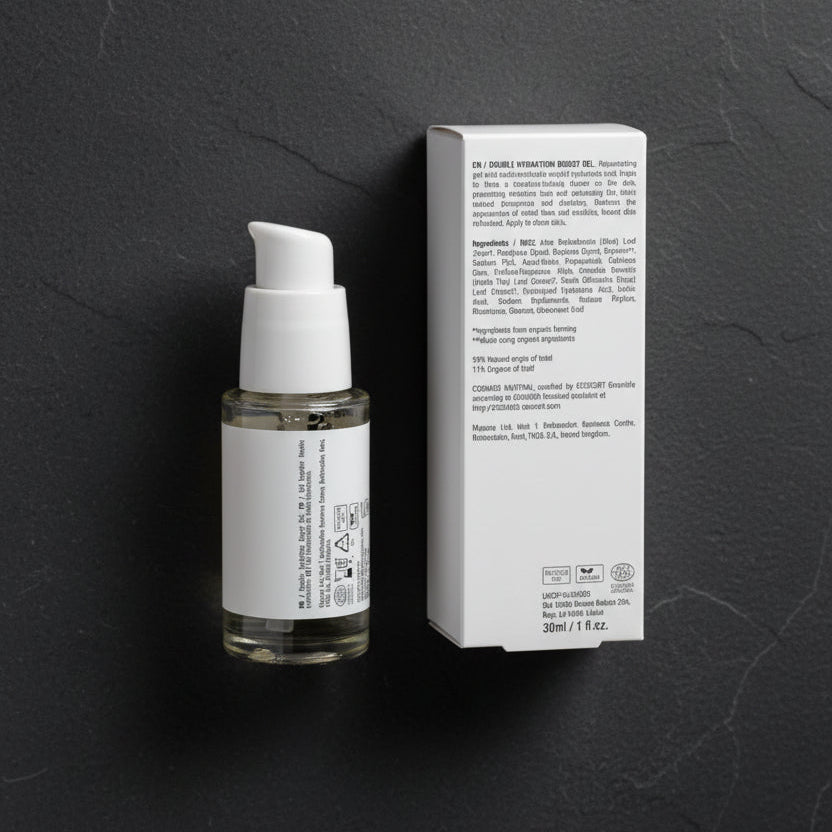 Skincare serum bottle with pump and box on a white background