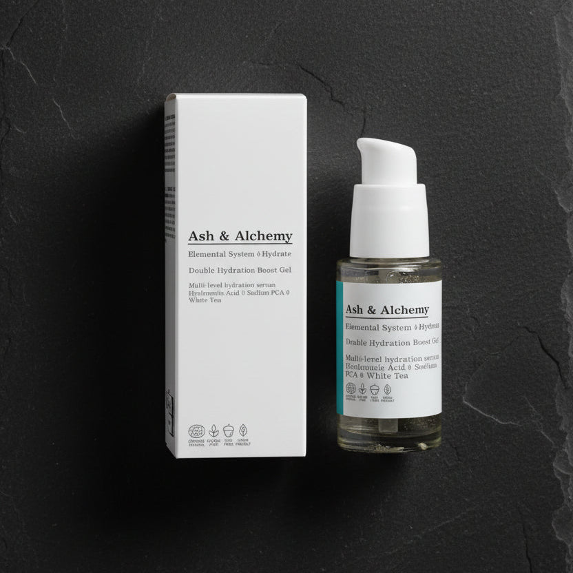Skincare product and packaging with 'Ash & Alchemy' branding on a light gray background
