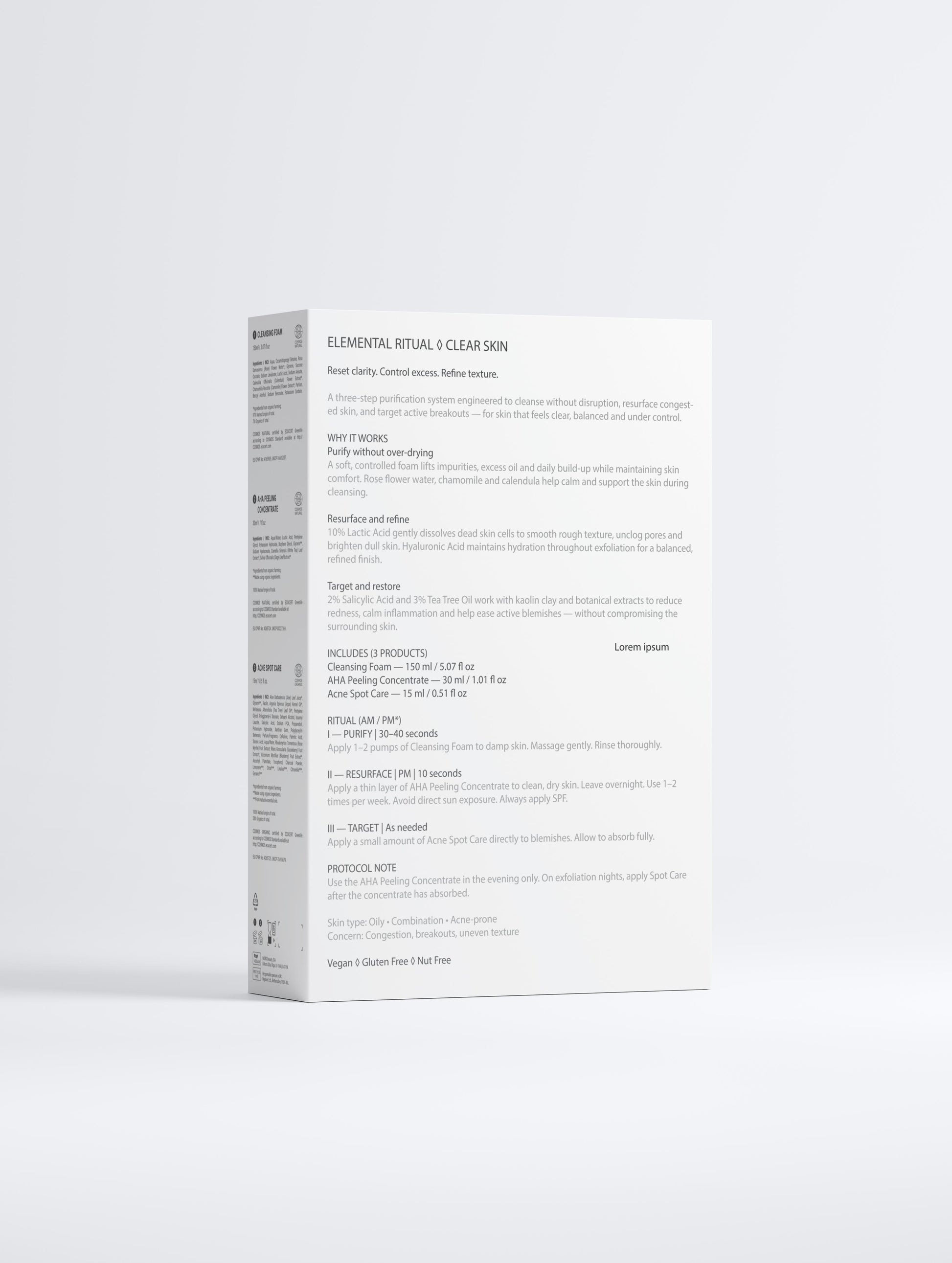 Elemental Ritual Clear Skin contents — Clarifying Gel Cleanser, Acne Spot Care, AHA Peeling Concentrate